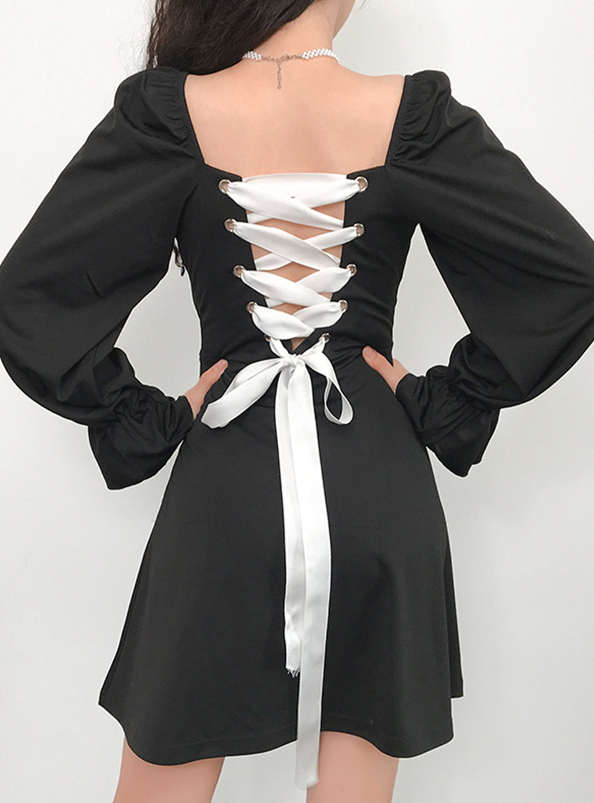 A Line Long Sleeve Little Dress Black Dress P342 - Image 3