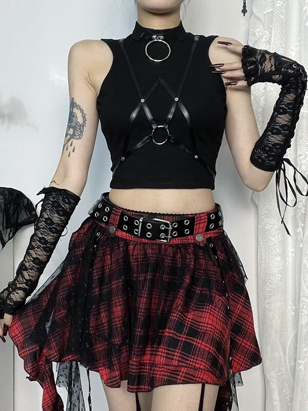 Dark street leather strap patchwork tank top - Image 2