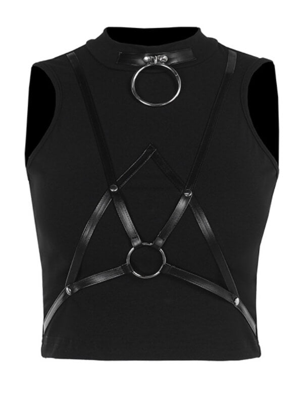 Dark street leather strap patchwork tank top - Image 6