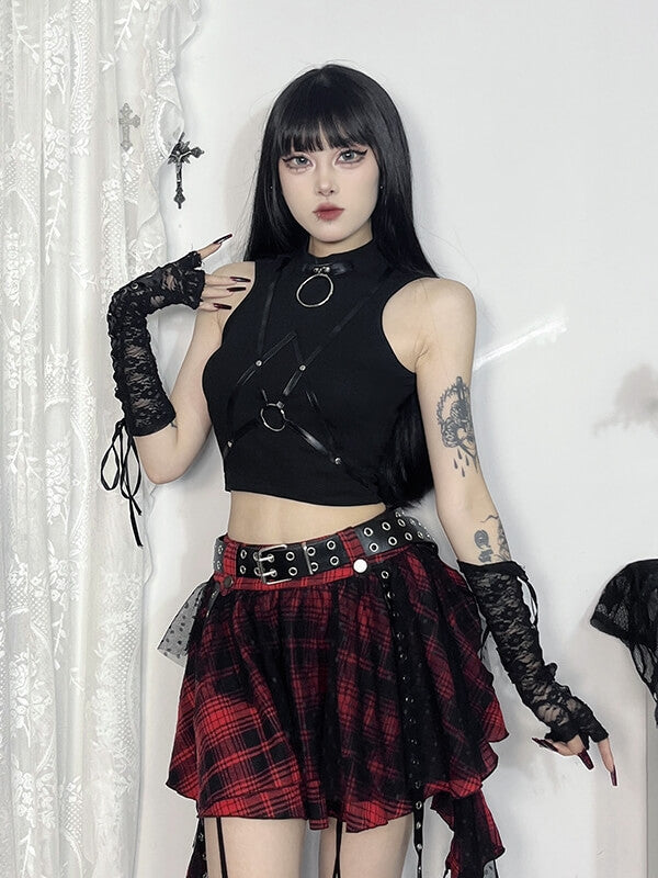 Dark street leather strap patchwork tank top - Image 4