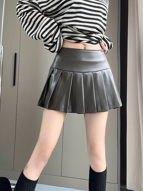 Hot girl leather pleated skirt - Image 5