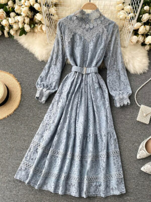 Elegant O-neck Lace Long Sleeve Dress P316