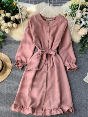 Long Sleeve Ruffle Hem Button Down Dress P307