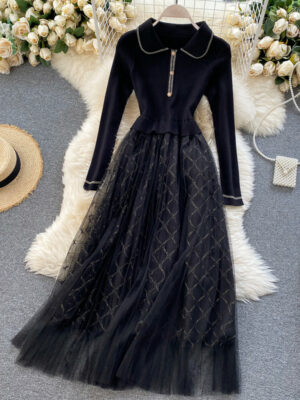 Elegant Knitted Tulle Splicing Dress P319