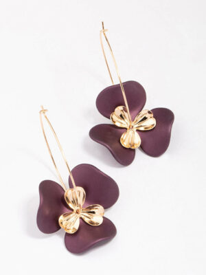 & Brown Large Flower Wire Hoop Earrings