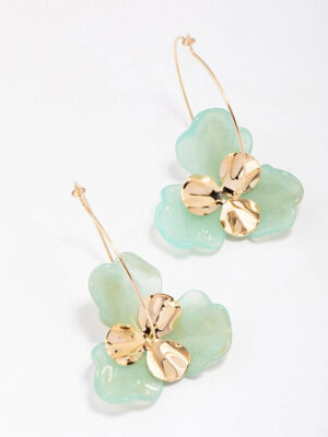 & Green Large Flower Wire Hoop Earrings