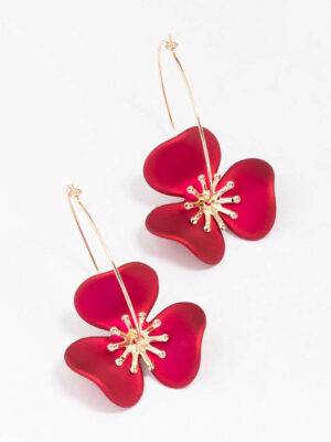 & Red Flower Wire Hoop Earrings