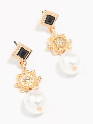 Diamond Square Pearl Earrings