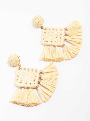 Cream Woven Square Tassel Earrings